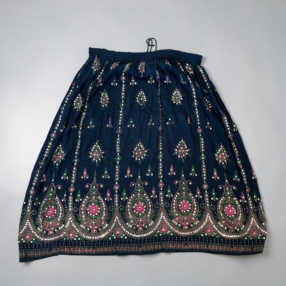 India Shisha Mirror Embroidered Maxi Skirt Boho Festival Hippie Navy Gypsy L/XL - Picture 2 of 7